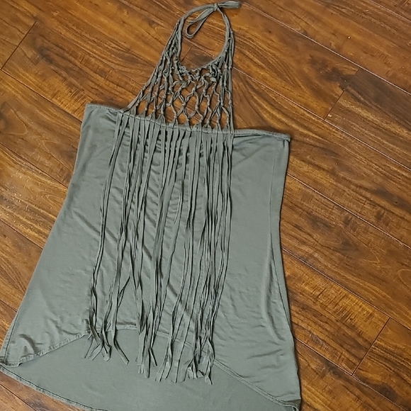 VENUS Tops - Olive Green Halter Fringe Top